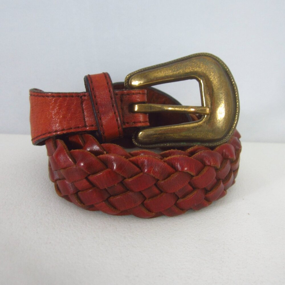 Vtg Joan & David Women M Brown Woven Cowhide Leather Belt Brass Buckle 31" - 33"